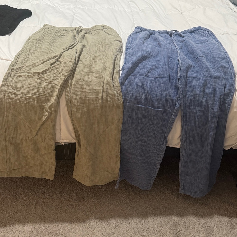 Relaxed Gauze Drawstring Pants in Olive Green and Dusty Blue